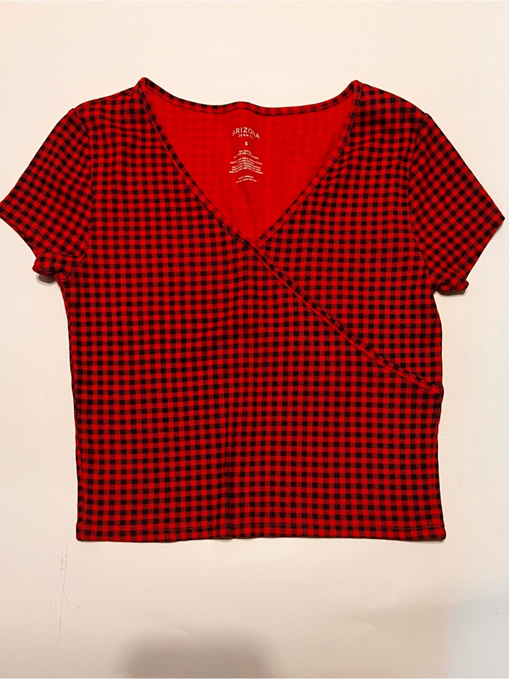 Arizona Jean Company Red & Black Check Wrap-Front Short Sleeve Top